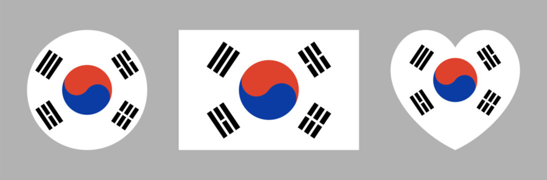 Flag of South Korea. South Korean heart, circle, rectangle flag logo, icon, sticker. South Korea rectangular, round, heart flag badge, button. National flag background, banner.