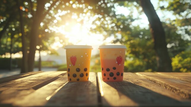 Two decorated bubble tea cups sitting on a wooden table