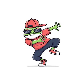 A cartoon frog, wearing sunglasses and a cap, performs a dabbing dance move. It is against a white background