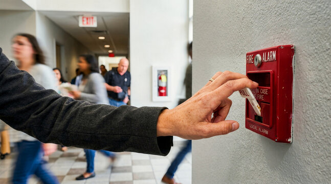 Hand pulling a red fire alarm lever in a hallway. Close up of a person activating an emergency switch in a public building