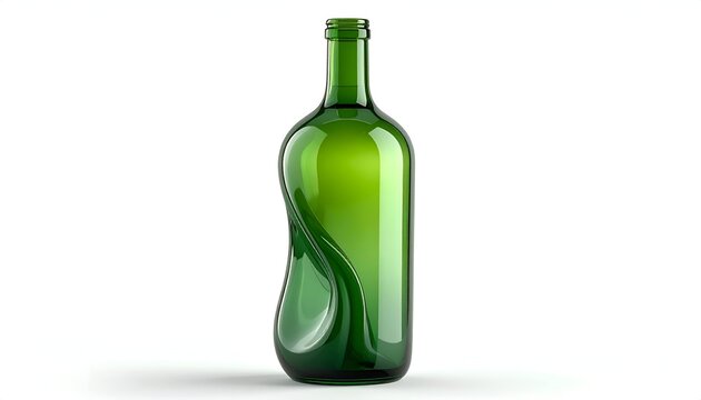An elegant, empty green glass bottle with a unique curved design, showcasing a stylized, flowing aesthetic against a plain white background