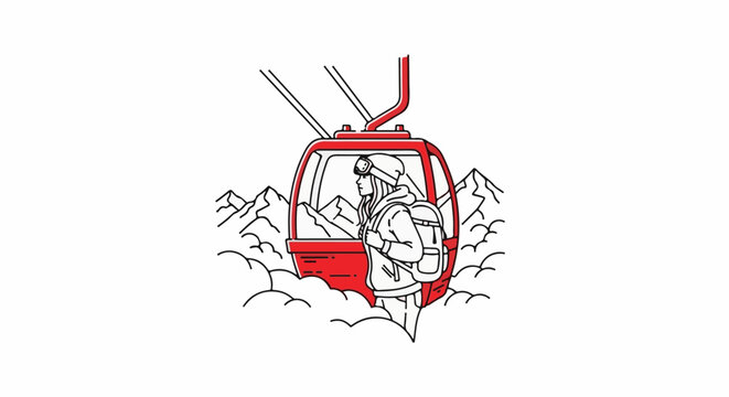 Person in ski gear rides red ski lift, views mountains and clouds