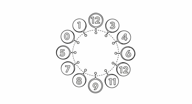 Circular diagram with numbers 0-12 connected by dashed lines and small circles