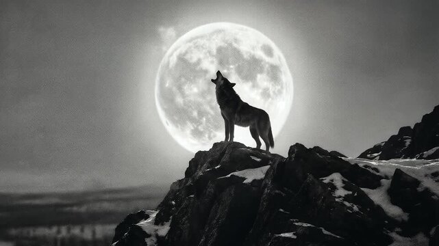 Wolf Howling on a Snowy Mountain Ridge Under a Glowing Full Moon Representing Wild Solitude and Primal Communication
