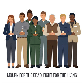 Workers Memorial Day Illustration with Diverse People Holding Candles and Mourn for the Dead Text