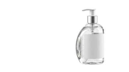 Fototapeta premium Clear glass soap dispenser with silver pump, blank white label for cosmetic branding, transparent liquid hand wash bottle for bathroom and kitchen isolated PNG with Transparent Background
