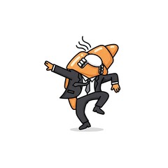 Obraz premium A cartoon depicting a croissant-headed figure dabbing in a professional suit. Steam rises from its head. The background is white