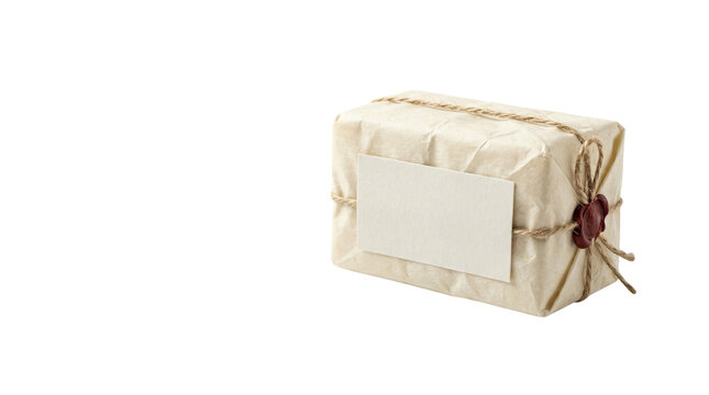 Vintage parcel wrapped in cream paper, rustic gift box with twine and wax seal, antique shipping package with blank label for logistics and delivery isolated PNG with Transparent Background