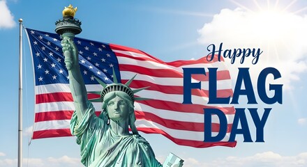 Obraz premium Happy flag day statue of liberty with american flag waving in the breeze