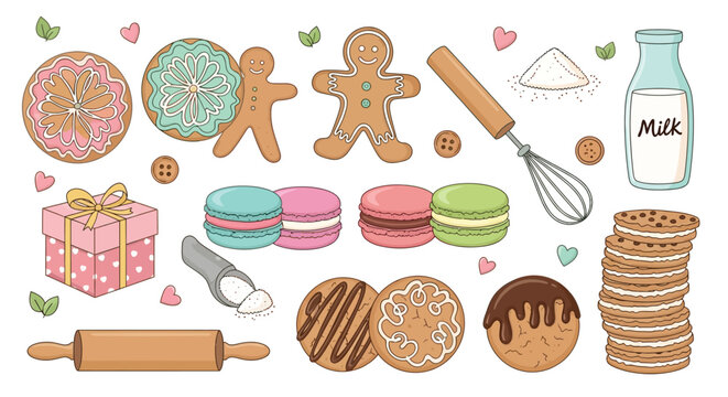 A delightful collection of freshly baked cookies, macarons, gingerbread men, donuts, and baking essentials like a rolling pin and whisk, presented in a charming illustration.