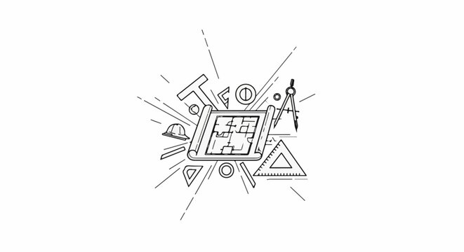 Architectural blueprint with tools, helmet, and geometric shapes in a dynamic composition