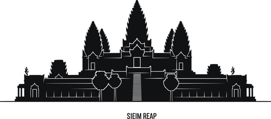 Fototapeta premium Siem Reap Cambodia skyline panorama featuring Angkor Wat temple silhouette with traditional Khmer architecture for Southeast Asian tourism and historical travel city design.v