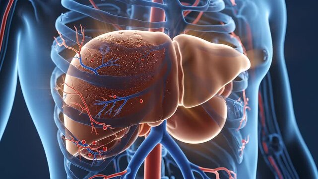 Male liver anatomy with digestive organs in x-ray view