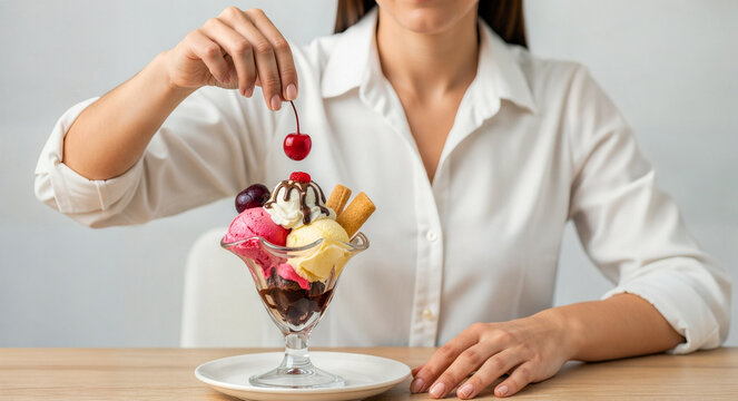 Woman placing a red cherry on top of a colorful ice cream sundae. Delicious summer dessert in a glass bowl. Finishing touch concept