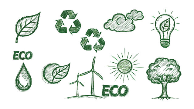 Eco-Conscious Symbol Set: A collection of hand-drawn icons representing the core tenets of environmental conservation, sustainability, and renewable energy. The icons depict a light bulb with a leaf.