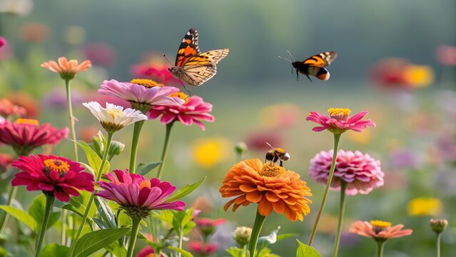 Colorful Butterflies Flying Over Vibrant Flowers in Sunny Garden