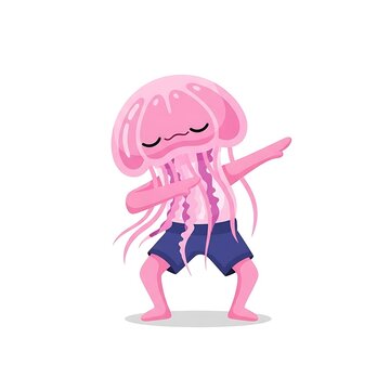 A cartoon jellyfish, pink and expressive, performs the dab gesture. It wears blue shorts and has its eyes closed
