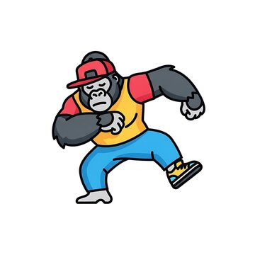 A cartoon gorilla in streetwear poses in a confident stance. Wearing a backwards cap, a yellow shirt, and blue jeans