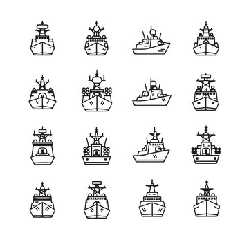 Naval Warships Icons Front View Silhouette Set Nautical Military Vessels Collection Line Art Style