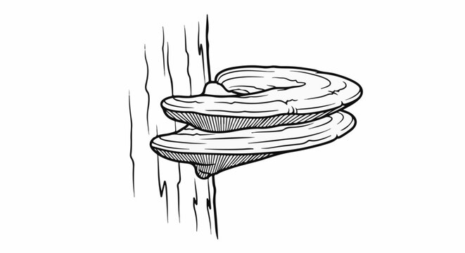 Stacked shelf fungi grow from a tree trunk in a line art illustration