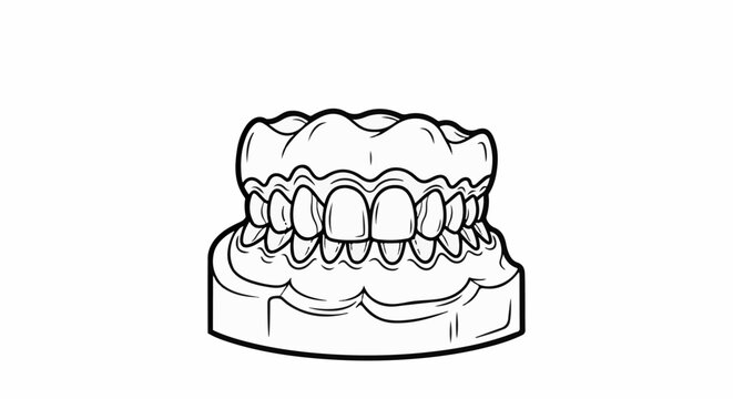 A black and white illustration of a dental model showing upper and lower teeth
