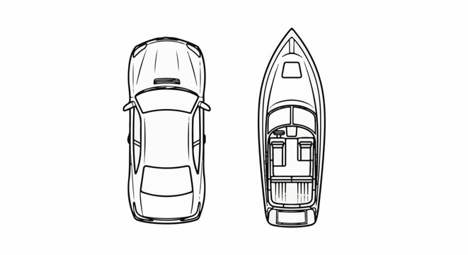 Top-down view line art of a car and a boat