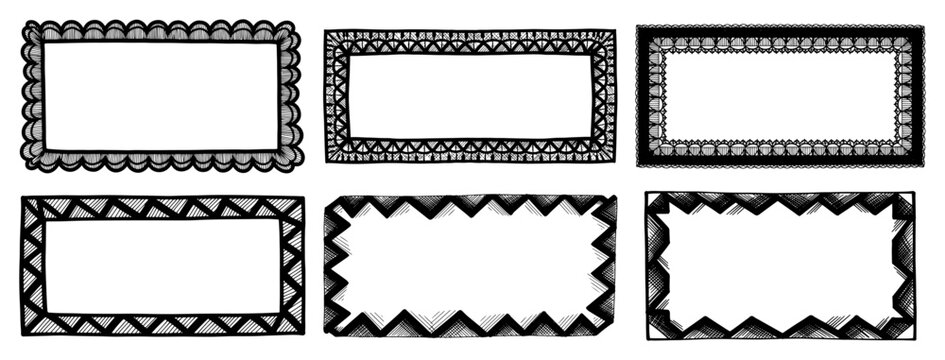 Geometric patterned border frames with zigzag and scalloped edges in hand drawn doodle style