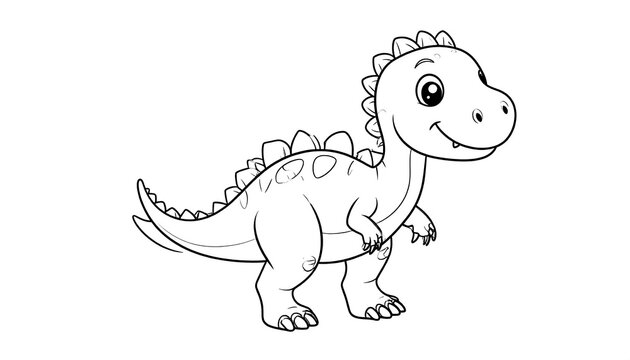 A cartoon dinosaur is depicted in black and white, featuring a smiling face and spiky dorsal plates. It has a long tail and stubby limbs