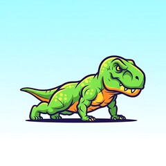 Fototapeta premium A cartoon dinosaur with green and yellow skin, doing a push-up with a determined, somewhat angry, expression. The background fades from blue to white