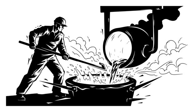 Foundry worker pouring molten metal from crucible into mold in vintage linocut style