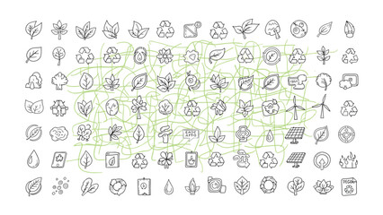 Fototapeta premium Eco-conscious Iconography: A curated collection of meticulously crafted, line-drawn icons embodies the ethos of sustainability, encompassing a spectrum of eco-friendly practices and principles.