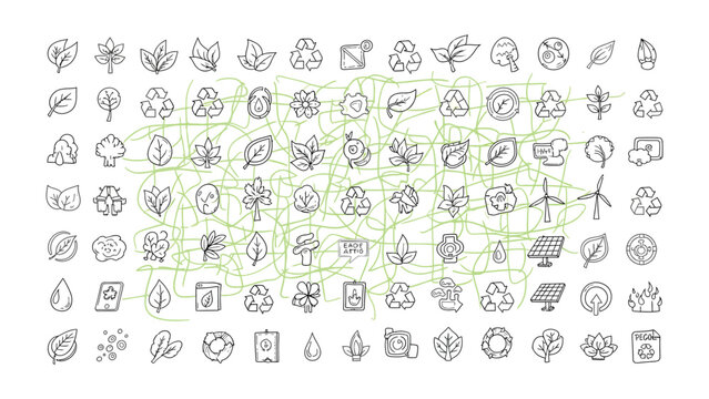 Eco-conscious Iconography: A curated collection of meticulously crafted, line-drawn icons embodies the ethos of sustainability, encompassing a spectrum of eco-friendly practices and principles.