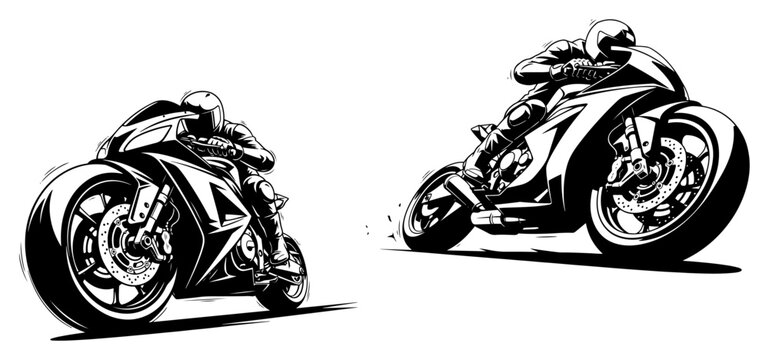 Sportbike racer leaning into corner at high speed in dynamic high contrast graphic style