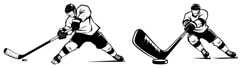 Ice hockey players in action hitting puck during game in high contrast sports style © Camel