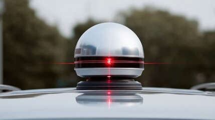 Fototapeta premium Silver Dome Shaped Camera with Red Light on Vehicle Roof - High-Tech Surveillance System