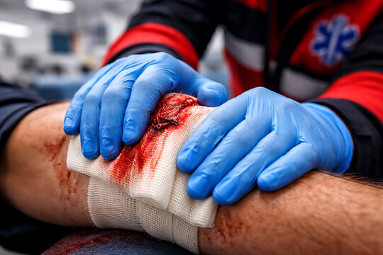 Close Up of Emergency Wound Care Applying Gauze to Bleeding Leg for Trauma Treatment and First Aid Procedure