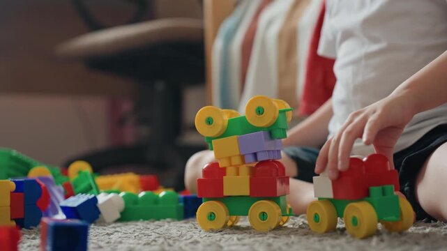 White boy building colorful block train, closeup hands assembling plastic bricks on carpet, bright yellow wheels, careful stacking, calm concentrated play in cozy bedroom with soft natural light,