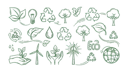 Eco-Friendly Doodle Elements: A collection of hand-drawn illustrations showcasing environmental consciousness, symbolizing nature, sustainability, and green living.  © Khadiza