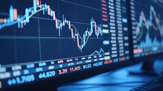 A close-up view of multiple computer monitors displaying complex financial charts and data.
