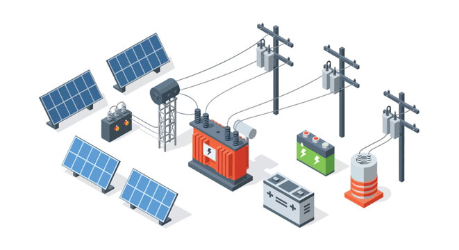 Isometric illustration of a solar power energy grid and distribution system