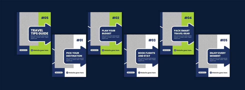 Travel Tips Carousel Template, Tourism Marketing Post, Vacation Promotion Web Banner Set