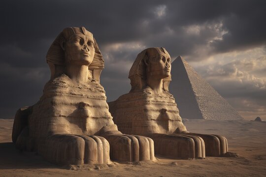 Sphinx Guardians: Two weathered sphinx statues stand majestically against a backdrop of ancient pyramids beneath a dramatic, cloudy sky, showcasing the enigma and grandeur of the old world.