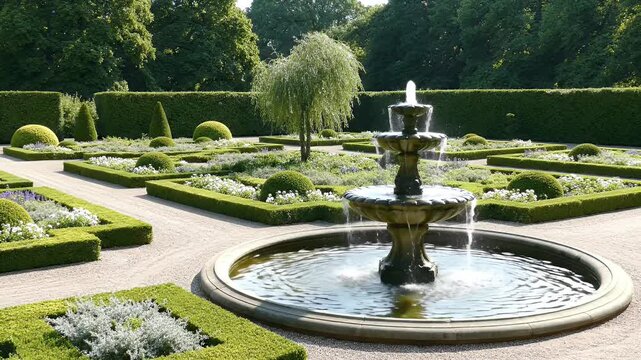 Elegant formal garden with multi-tiered fountain and manicured topiary