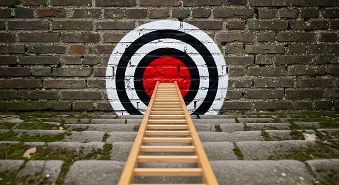 Wooden ladder reaching towards target on brick wall