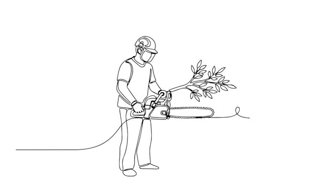 One line drawing of a worker using a chainsaw. Continuous line art vector illustration of arborist cutting a tree. Professional garden maintenance and forestry concept