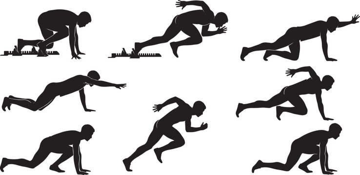 Runner Starting Poses Silhouette Set Vector Illustration Icons
