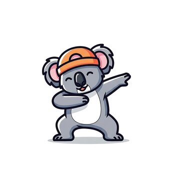 A cartoon koala wearing an orange hat doing a dab pose. It has a grey body with a white belly, and its arms and legs are in the dabbing position