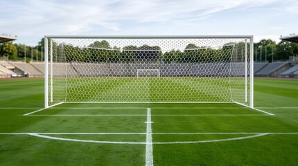 Fototapeta premium White soccer goal net on a professional green grass pitch in an empty outdoor stadium