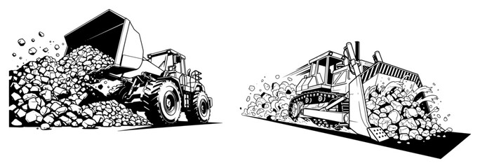 Obraz premium Wheel loader and bulldozer moving piles of rocks in high contrast graphic style