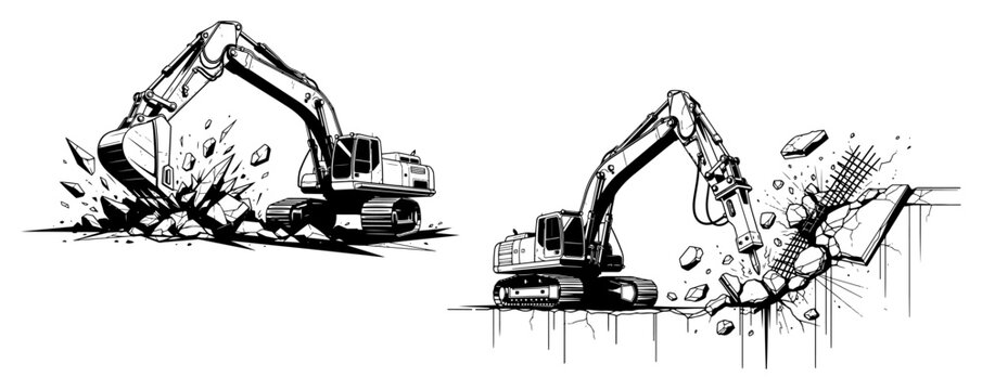 Excavator machines digging and using hydraulic breaker on site in high contrast graphic style